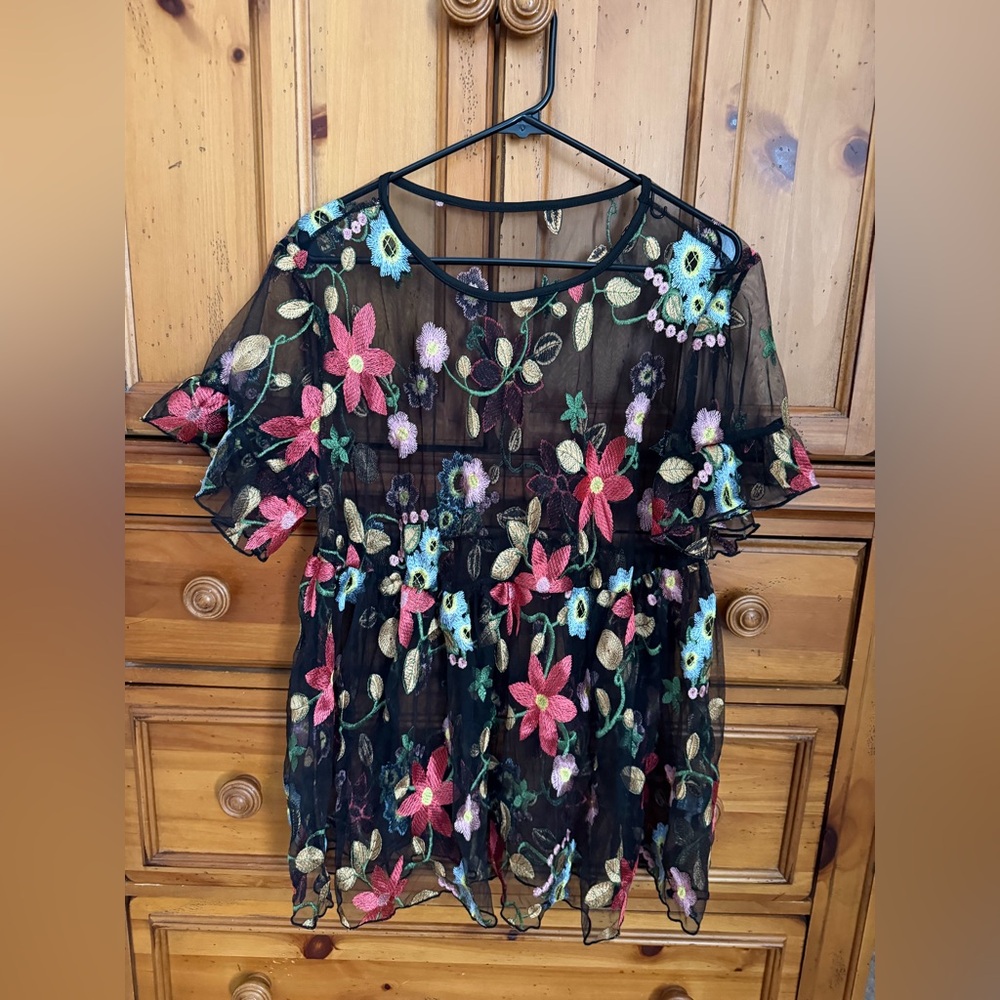 SHEIN Black Sheer Top with Vibrant Floral Design